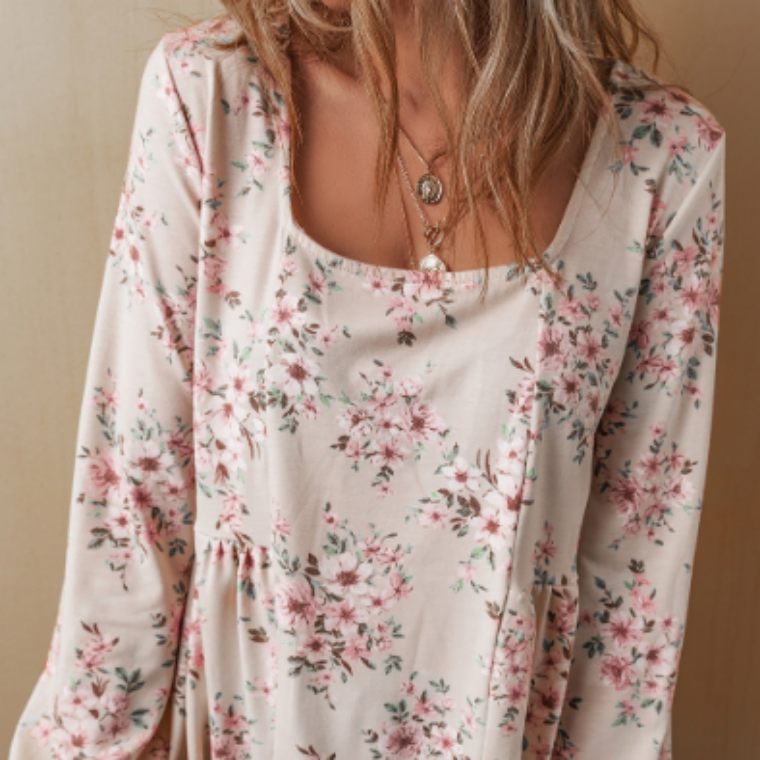 Floral Print Pleated U Neck Loose Fit Blouse