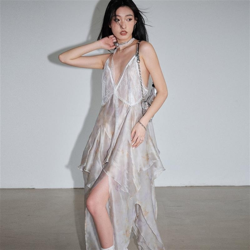 Printed Transparent Feather Irregular Suspender Skirt