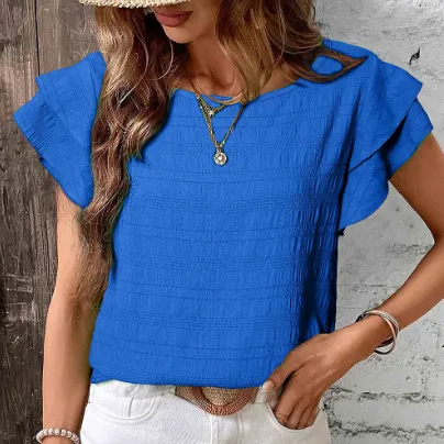 Dark Blue Textured Ruffled Sleeve Round Neck Top Blue - Shop at LoveMi