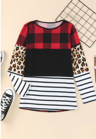 Plaid Print Leopard Splicing Striped Color Block Long Sleeve Top
