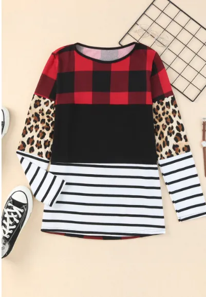 Plaid Print Leopard Splicing Striped Color Block Long Sleeve Top Black - Shop at LoveMi
