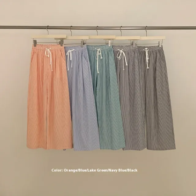 Women's Korean style Striped Casual Pants Loose Straight Wide Leg Black - Shop at LoveMi