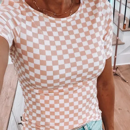 Checkered Ribbed Slim Fit Crew Neck T Shirt Pink - Shop at LoveMi