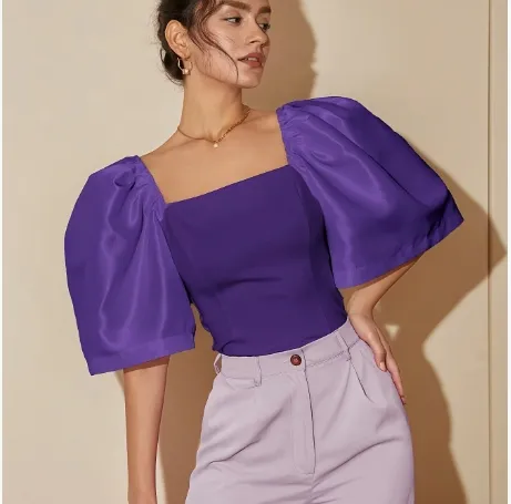 Women's Retro Lantern Sleeve Square Collar Elegant Top Violet - Shop at LoveMi