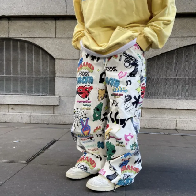 Men's And Women's Drawstring Wide leg Pants Graffiti Pants White2 - Shop at LoveMi