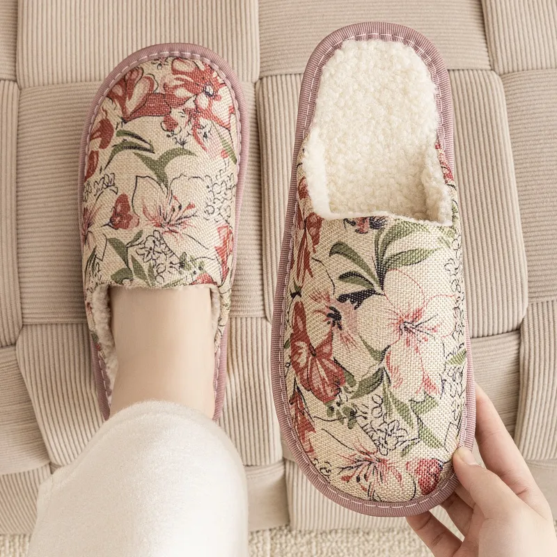 Warm Winter Linen Surface Household Cotton Slippers - Red