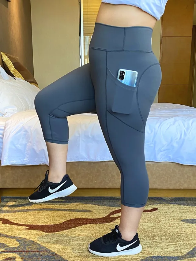 Plus Size Yoga Pants Nude Feel Breathable High Top Sports Fitness Pants Grey Cropped Pants - Shop at LoveMi
