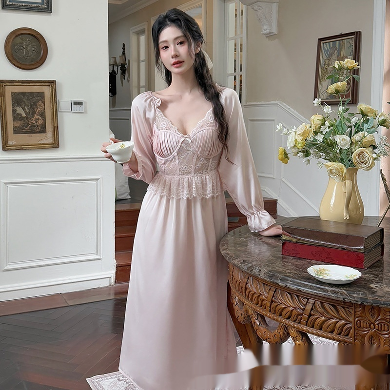 French Royal Style Sweet Beauty Artificial Silk Spring And Summer With Chest Pad Solid Color Long Sleeve Nightdress