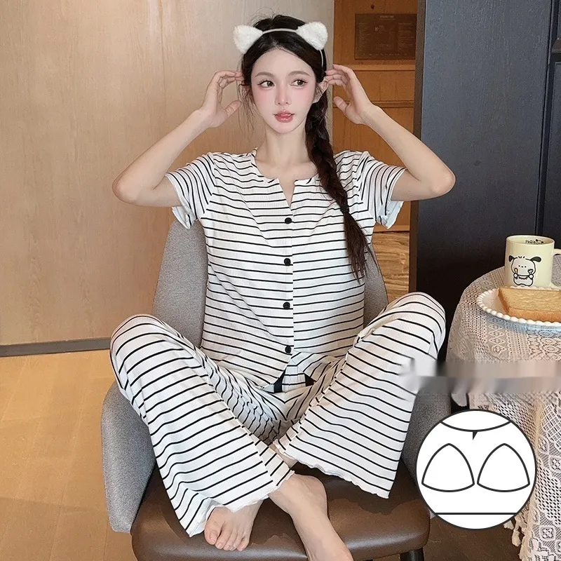 Thin Short-sleeved Trousers High-grade Pajamas Women's Suit - D862092 White Stripes