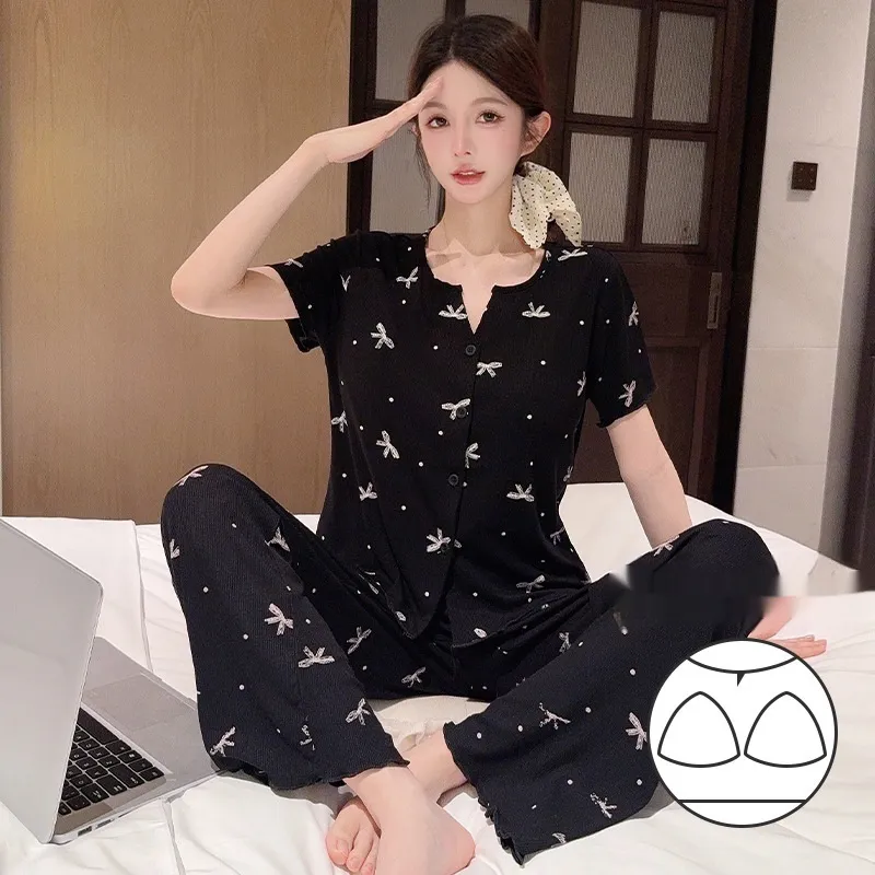 Thin Short-sleeved Trousers High-grade Pajamas Women's Suit - Black