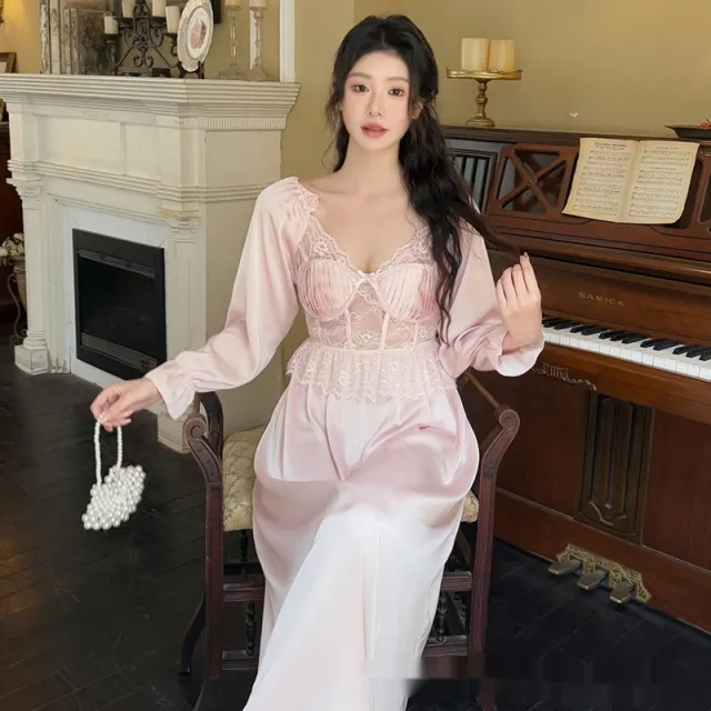 French Royal Style Sweet Beauty Artificial Silk Spring And Summer With Chest Pad Solid Color Long Sleeve Nightdress Rosy - Shop at LoveMi