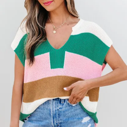 Multicolour Color Block Notch V Neck Sweater T Shirt Multicolour - Shop at LoveMi