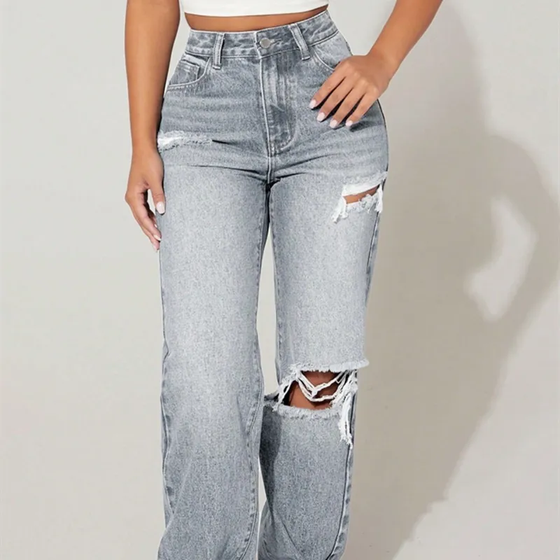 Fashionable Women's Denim Trousers - Gray