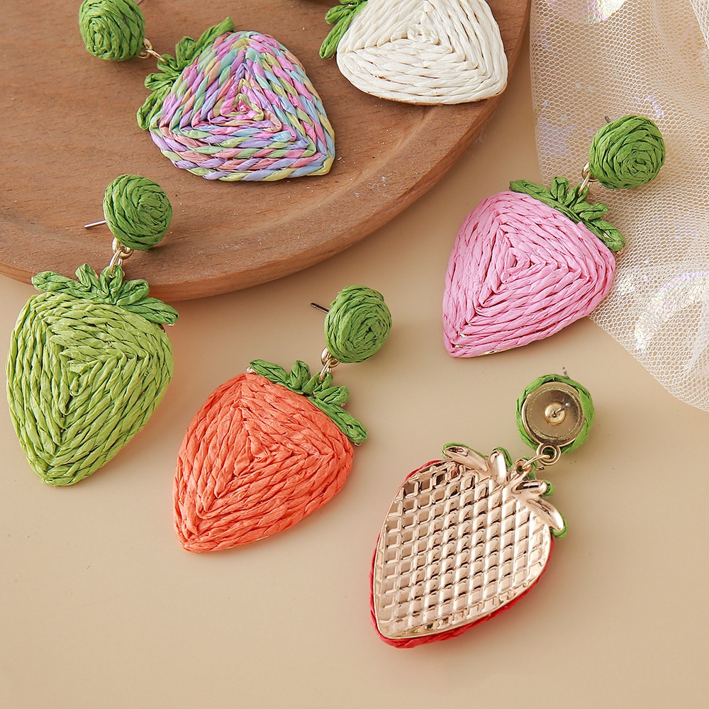 Raffia Woven Fruit Strawberry Earrings Vacation Style