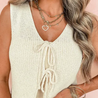 Beige Lace up Front V Neck Sweater Vest Beige - Shop at LoveMi