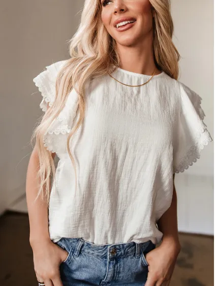 White Crinkled Layered Ruffled Flutter Sleeve Blouse - White