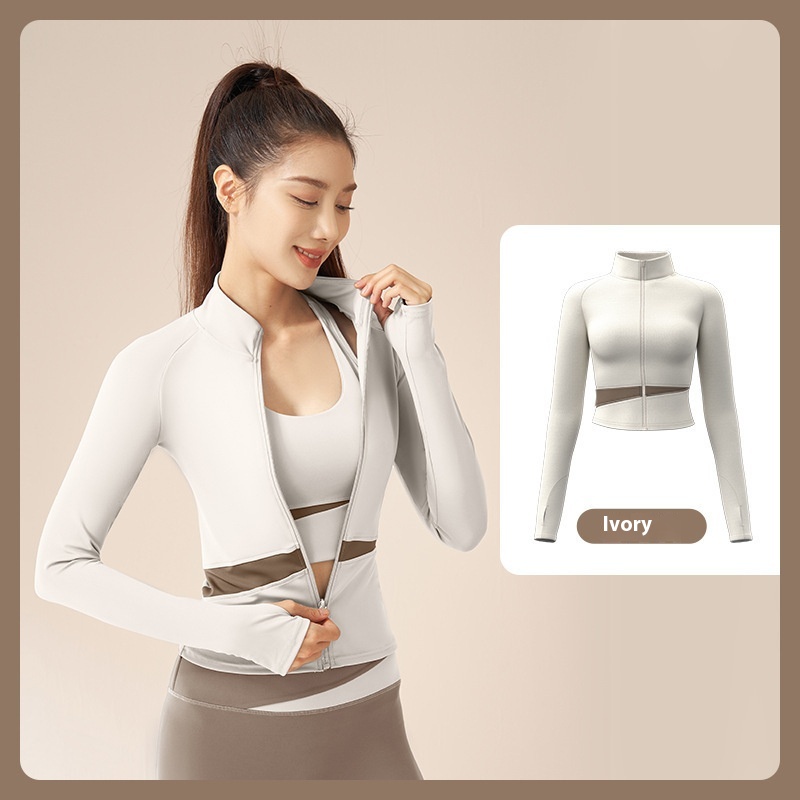 Peach Color Matching Sports Yoga Jacket Slim Stand Collar Workout Top Ivory - Shop at LoveMi