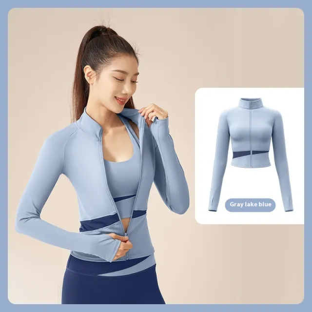 Peach Color Matching Sports Yoga Jacket Slim Stand Collar Workout Top Blue - Shop at LoveMi