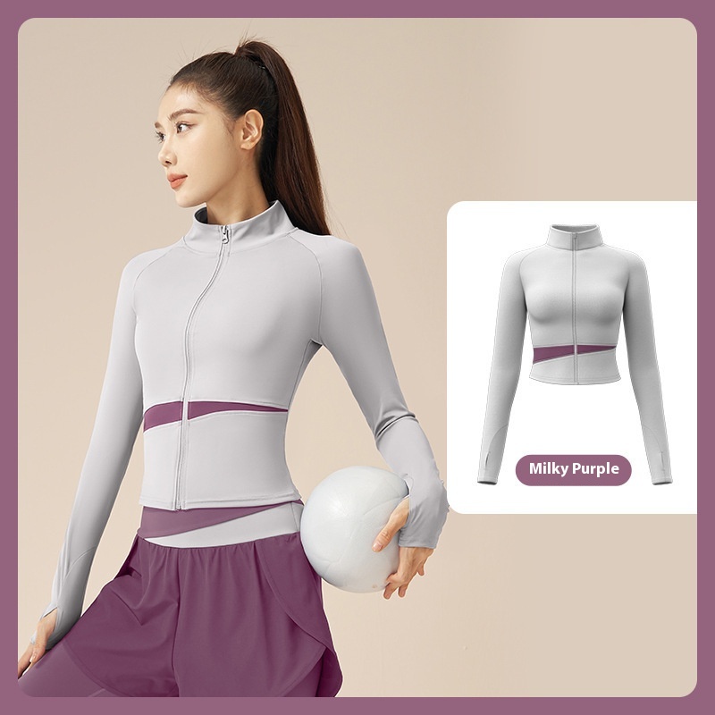 Peach Color Matching Sports Yoga Jacket Slim Stand Collar Workout Top Purple - Shop at LoveMi