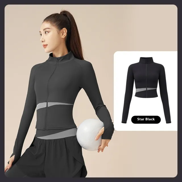 Peach Color Matching Sports Yoga Jacket Slim Stand Collar Workout Top Black - Shop at LoveMi