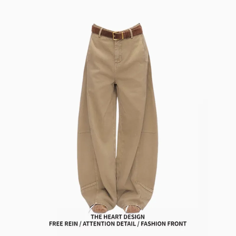Retro Khaki Machete Jeans For Women Wide-leg Straight Trousers - Khaki