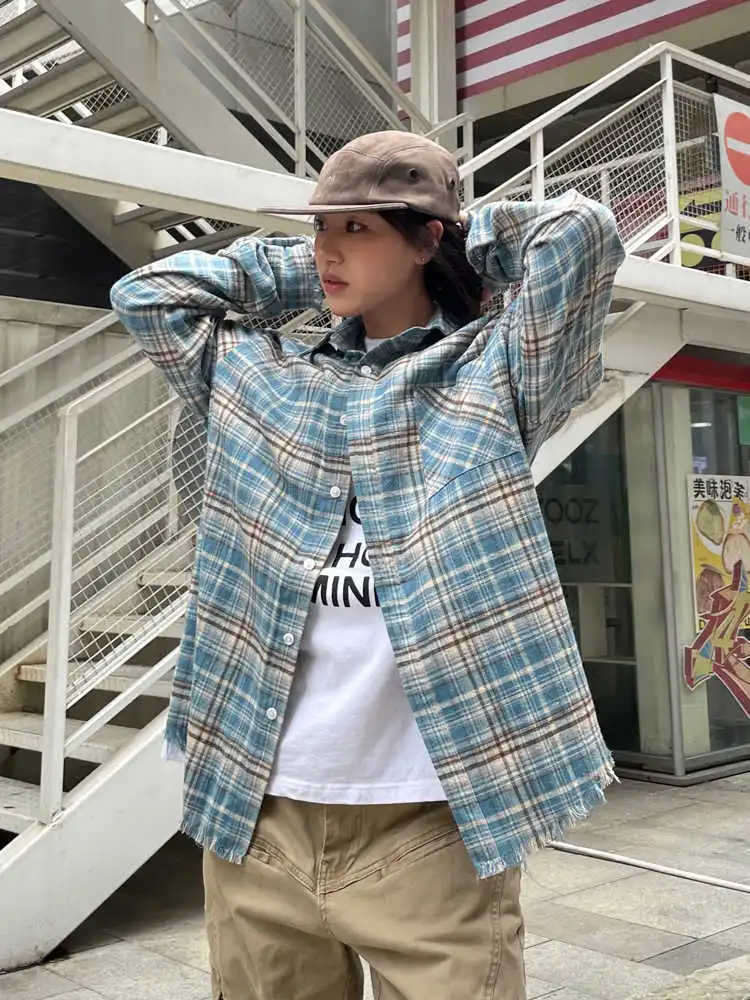 Retro Polo Shirt Plaid Long-sleeved Shirt Loose Worn Top - Blue