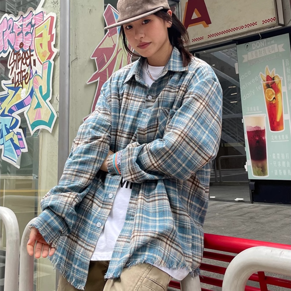 Retro Polo Shirt Plaid Long-sleeved Shirt Loose Worn Top