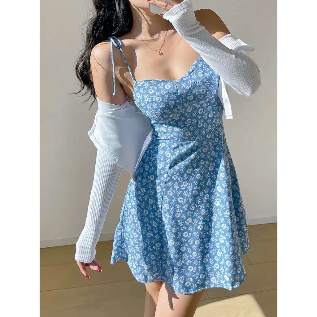 Floral Printed Lace Up Slip Dress Vacation Style Casual Dress - Floral Skirt