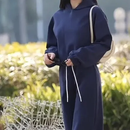 Women's Long sleeved Hoodie High Waist Ankle tied Trousers Suit Navy Blue - Shop at LoveMi