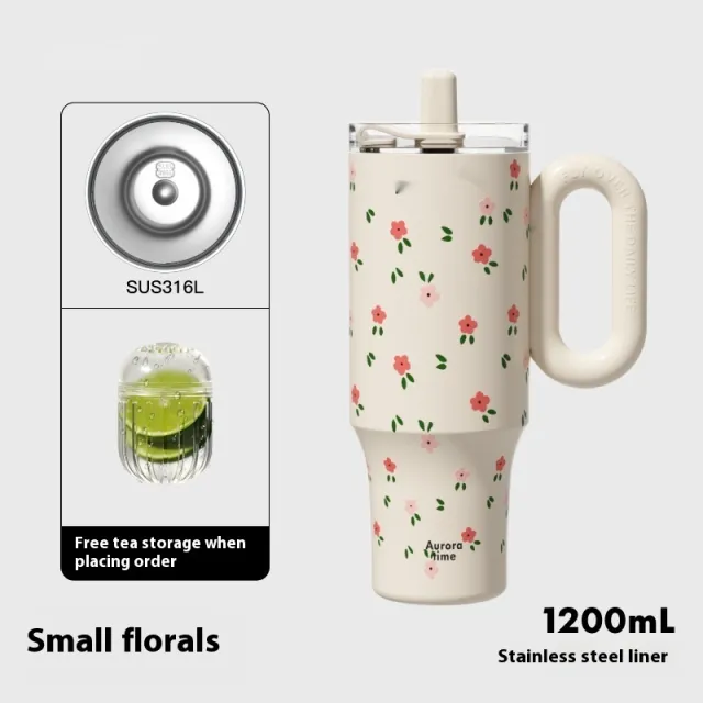 Thermos Large capacity Water Cup Girls' Straw Ice Cream Kettle Ceramic Inner Pot Small Floral Stainless Steel - Shop at LoveMi