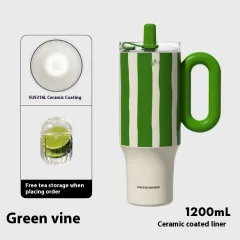 Thermos Large-capacity Water Cup Girls' Straw Ice Cream Kettle Ceramic Inner Pot - Green Vine Ceramic Coating - View 1
