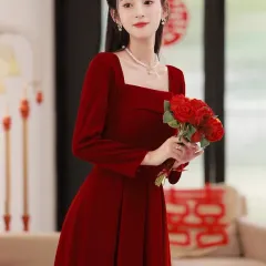 Velvet Toast Dress Simple And Elegant Long Sleeve Engagement Dress - Red - View 1