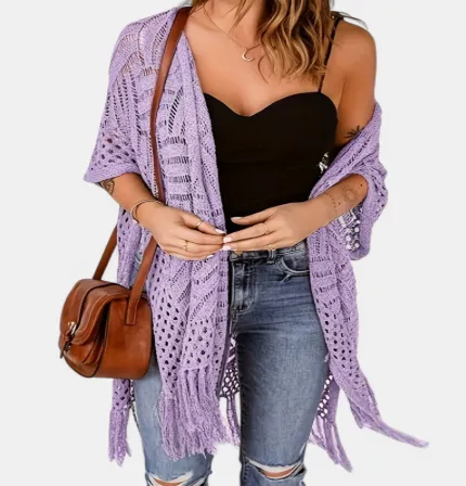 Women's Top Mid-length Blouse Tassel - Purple