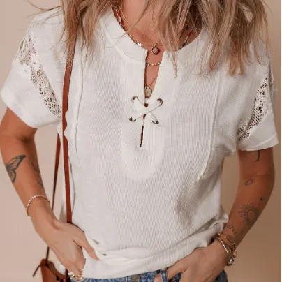 White Ribbed Texture Lace Patchwork Short Sleeve Top White - Shop at LoveMi