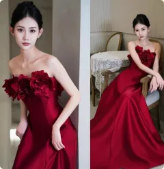 Human Wealth Flower Wine Red Rose Wedding Toast Dress - Wine Red - View 1