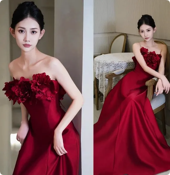 Human Wealth Flower Wine Red Rose Wedding Toast Dress Wine Red - Shop at LoveMi