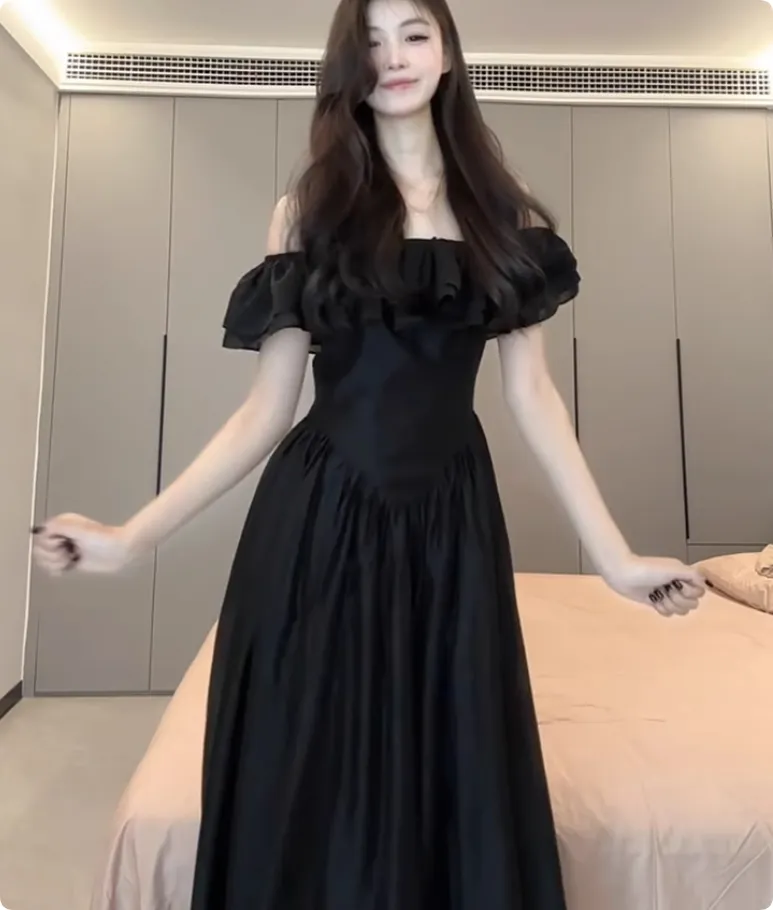French High-end One Shoulder Dress For Women In Summer - Black