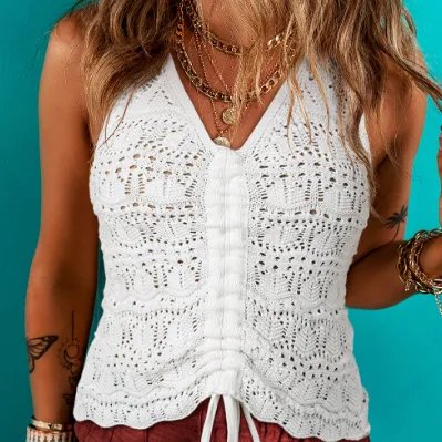 Beige Trendy Hollowed Knit V Neck Drawstring Sweater Vest White - Shop at LoveMi