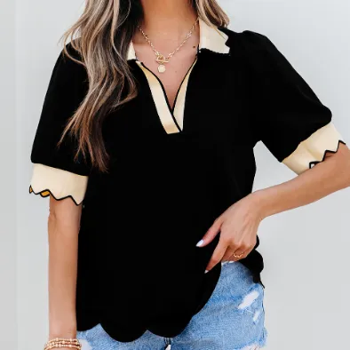 Black Color Contrast Collared V Neck Puff Sleeve Blouse Black - Shop at LoveMi