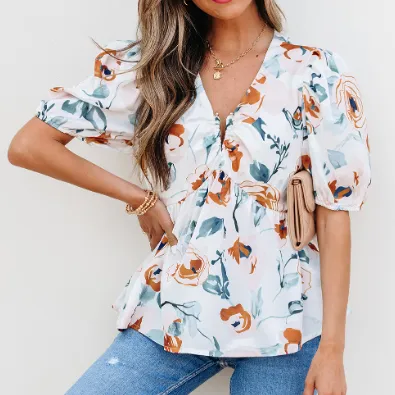Green Floral Print Puff Sleeve V Neck Babydoll Blouse 1 Style - Shop at LoveMi