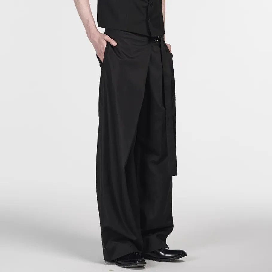 Black Tencel Cotton Single Pleated Cut Adjustable Waist Straight Trousers