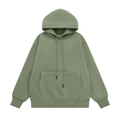 Fleece lined Thick Hooded Solid Color Hoodie Suit Grey Green Top - Shop at LoveMi