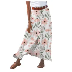 Women's Fashion Digital Print Button Skirt - Light Colored Flowers - View 1