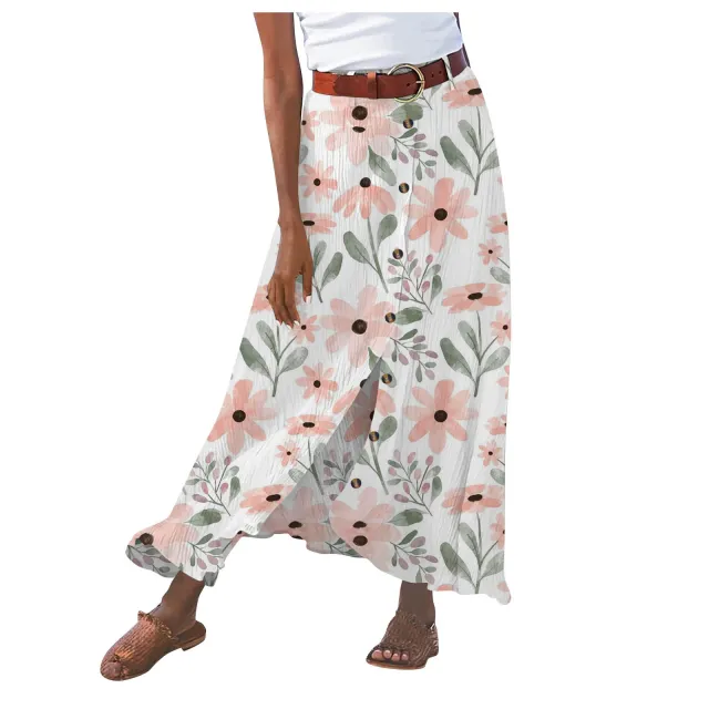 Women's Fashion Digital Print Button Skirt Light Colored Flowers - Shop at LoveMi