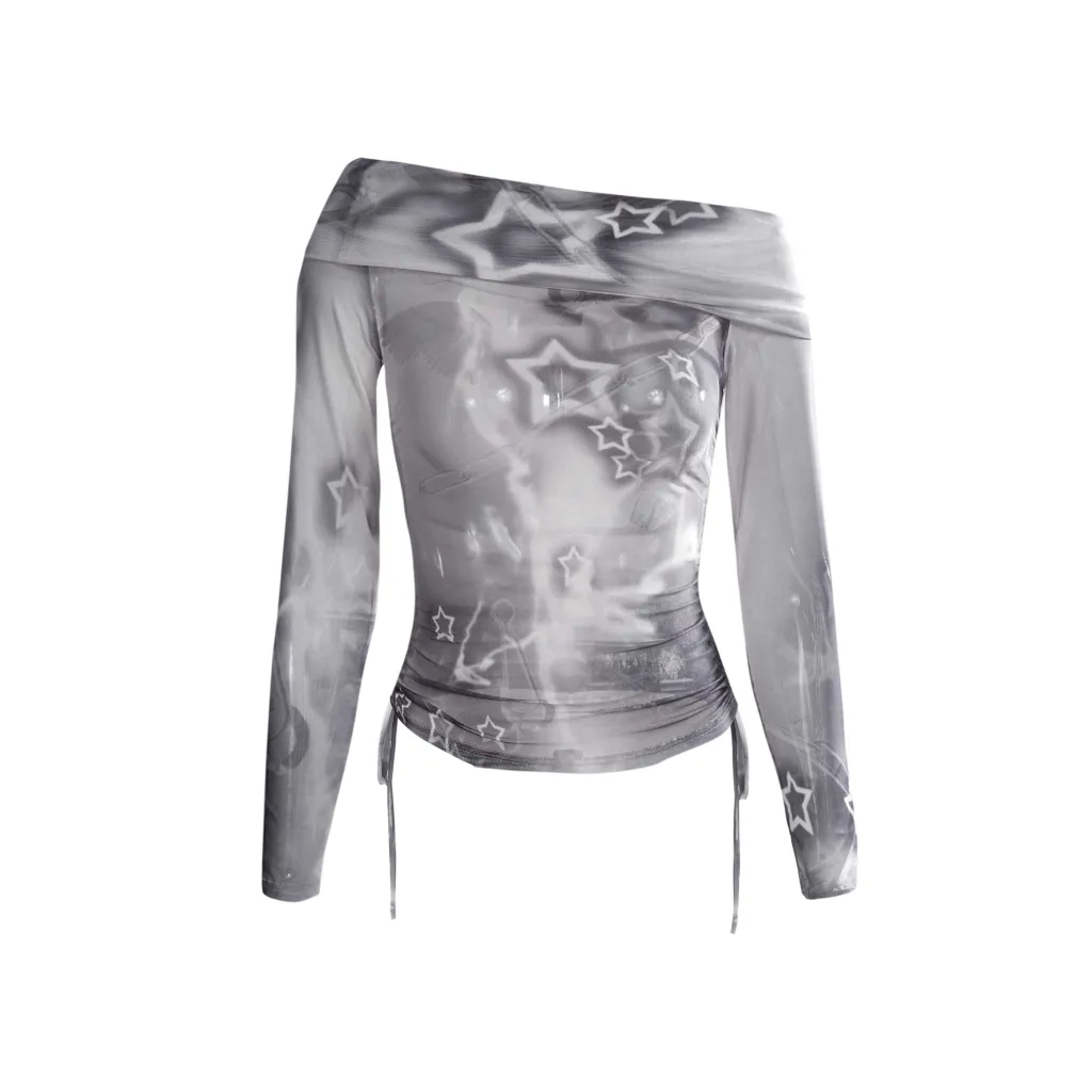 Sun-proof Off-shoulder Long Sleeve Mesh Blouse Women's Off-the-shoulder Short Top - Gray