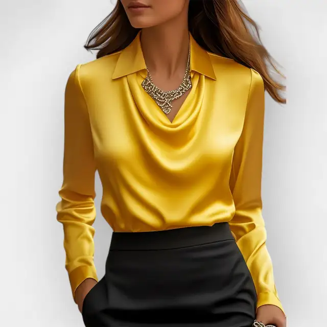 Women's Swing Collar Draped Shirts & Blouses Elegant Solid Satin Office Ladies Top Pullover Spring Long Sleeve Casual Tops Gelb S - Shop at LoveMi