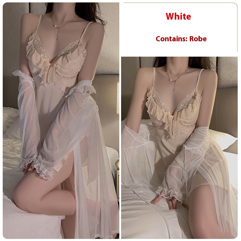 Backless Lace Up Chest Pad Pajamas Sweet Spaghetti strap 2369 White Outer Robe - Shop at LoveMi