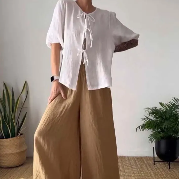 Fashion Casual Solid Color Round Neck Tied Shirt Wide Leg Pants Two-piece Set - White Shirt Khaki Pants