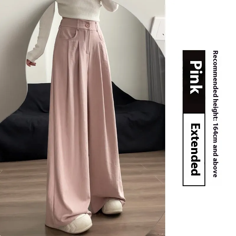 Suit Pants Women's High Waist Baggy Straight Trousers - Pink Lengthened