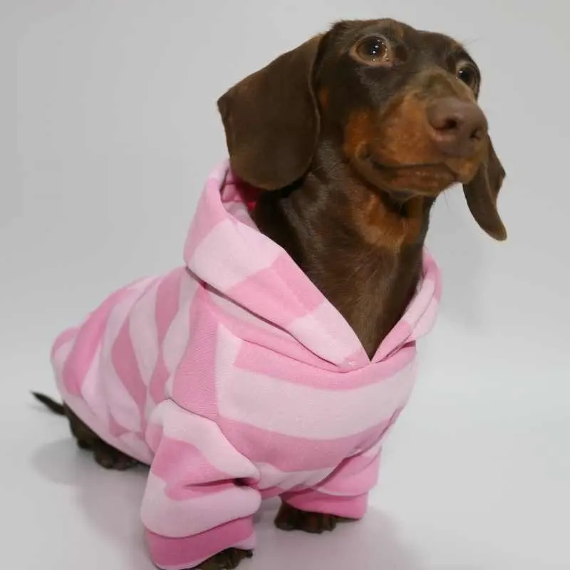 Pet Autumn and Winter Thin Velvet Hooded Pink Striped